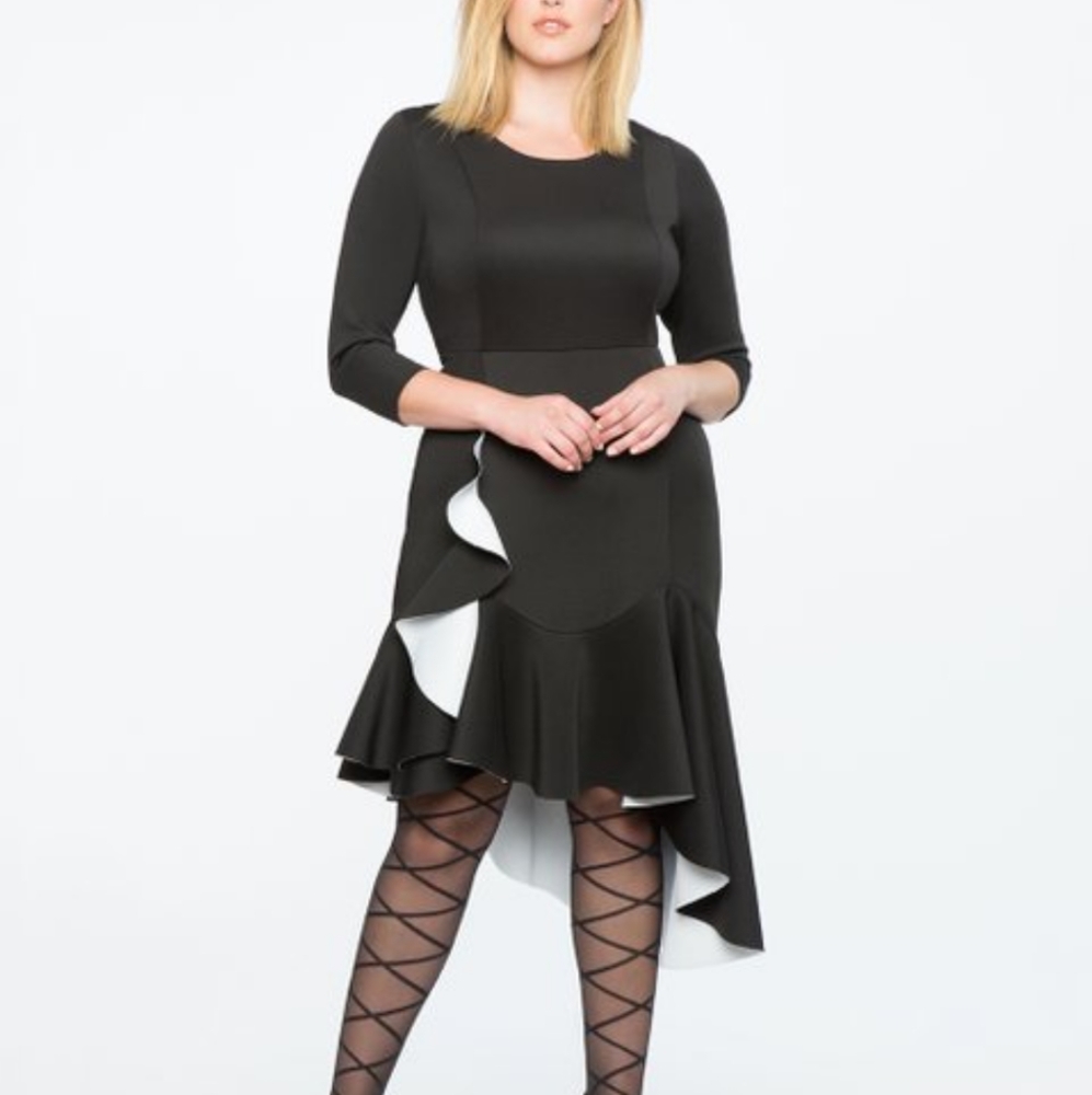 Eloquii Black Bonded Scuba Cascade Ruffle Dress